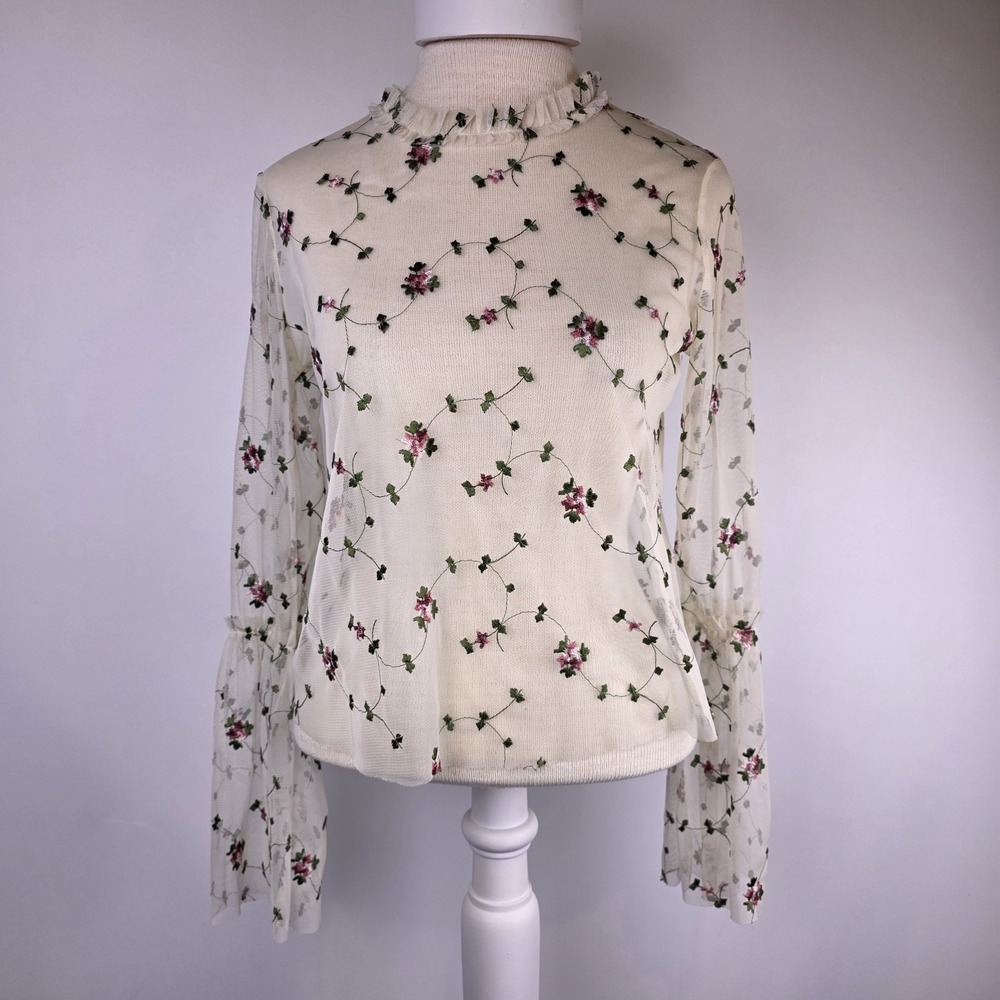 Ro&De Women's S Sheer Mesh Top Floral Embroidered Bell Sleeve White Mock Neck - Picture 2 of 11